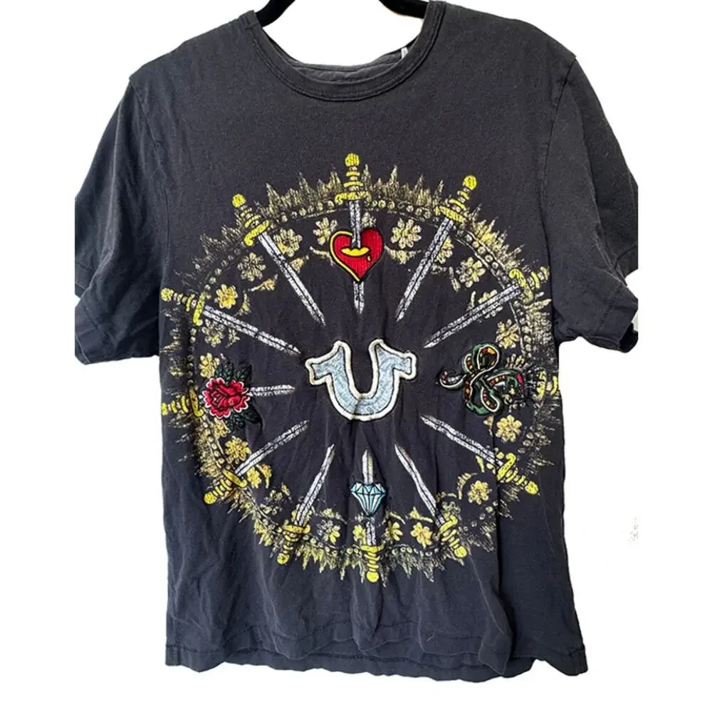 Vintage True Religion Men's Gothic‎ Sword Embroidered Graphic Print T-Shirt